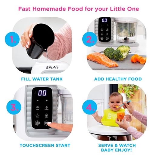 EVLA'S Double Baby Food Maker with 2 Steaming Baskets, Steamer, Blender, Grinder, Food Processor, Cook & Blends Healthy Baby Food in Minutes, Touch Screen, with 6 food pouches, White