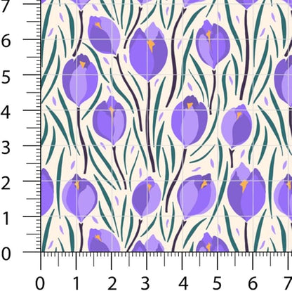 Patchwork Fabric Panel 100x155 cm, 100% Cotton Satin, 6 Coordinated Floral & Tulip Patterns, Yellow Blue Purple Spring Quilting Fabric (Spring Blossoms, 6pcs 50x50cm)
