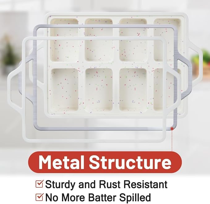 CAKETIME Mini Loaf Pans, Metal Reinforced Frame Silicone Bread Loaf Pans 8 Cavities Nonstick for Baking Cornbread, Mini Bread, Brownie, Cheesecake, Chocolate 2 Pack Confetti