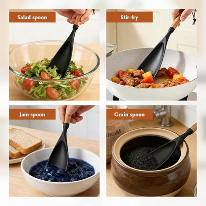 2 Pack Cedar and Ash Spoonula with 2 Spoon Pad, Multifunction Spatula Cooking Spoon, Non stick Flat Serving Spoons, Scraping & Serving Heat-Resistant Spatula