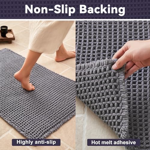 Triohero Waffle Runner Rug Bathroom, Long Boho Bath Mat, 24x60 Dark Grey