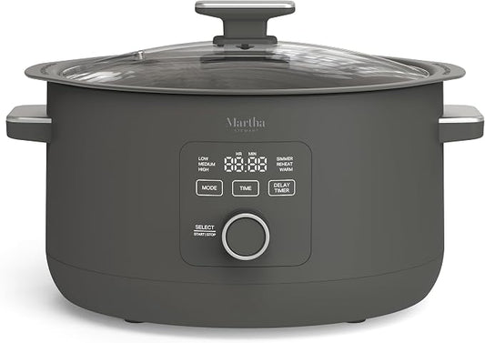 Martha Stewart 8 QT Slow Cooker, Programmable with Timer, 3 Heat Settings (Low, High, Warm), Nonstick Ceramic Removable Crock, Stovetop & Oven Safe, Glass Lid, Simmer, Reheat, Warm, Caviar
