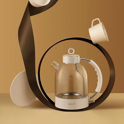 ASCOT Electric Kettle, Glass Electric Tea Kettle for Men/Women/Family 1.5L 1500W Borosilicate Glass Tea Heater, with Auto Shut-Off and Boil-Dry Protection (Beige)