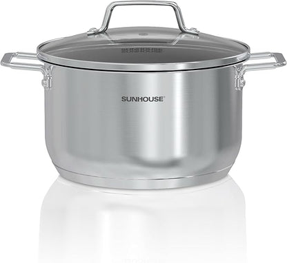 Sunhouse Stock Pot with Lid - 6.5 QT Large Pot for Cooking Pasta, Soup, Spaghetti - Ultra Thick 5-ply Base 18/8 Stainless Steel Pots for Canning, Boiling - Oven Safe & Induction Compatible Cookware