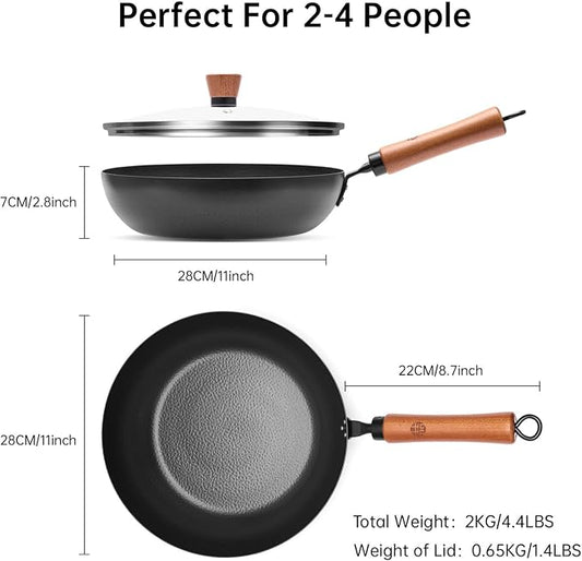 WANGYUANJI 11 Inch Carbon Steel Skillet with Lid-Flat Bottom Frying Pan for Searing & Browning,Nitrided Iron Sauté Pan with Removable Handle-Induction Compatible (No Coating,Cooks Crispier&Juicier)