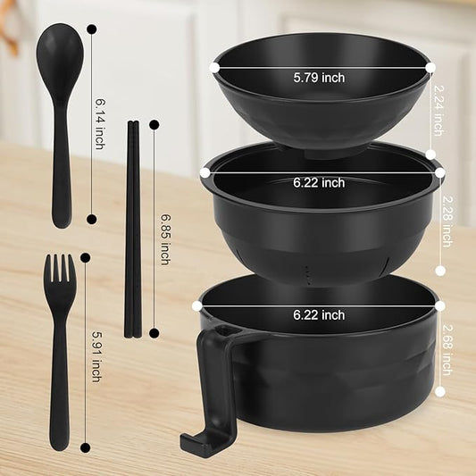 Ramen Bowl Set, Ramen Cooker 33 oz, Ramen Bowls with Chopsticks and Spoon, Microwave Pasta Cooker, College Dorm Essentials for Girls Guys (Black)