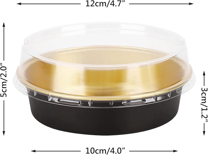 Beasea Aluminum Cupcake Pans With Lids, 4 Inch 50 Pack Disposable Pie Pans For Cake, 8 Oz Aluminum Pie Pan Tin Black Golden Tart Pans Round Oven Baking Mini Cake Pan For Pie Tart Quiche