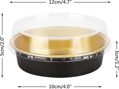 Beasea Aluminum Cupcake Pans With Lids, 4 Inch 50 Pack Disposable Pie Pans For Cake, 8 Oz Aluminum Pie Pan Tin Black Golden Tart Pans Round Oven Baking Mini Cake Pan For Pie Tart Quiche