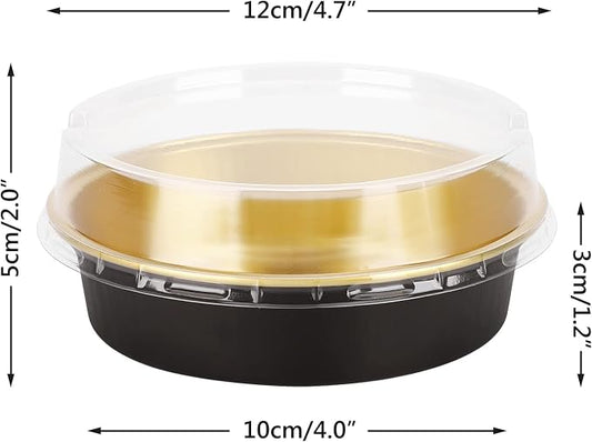 Beasea Aluminum Cupcake Pans With Lids, 4 Inch 50 Pack Disposable Pie Pans For Cake, 8 Oz Aluminum Pie Pan Tin Black Golden Tart Pans Round Oven Baking Mini Cake Pan For Pie Tart Quiche