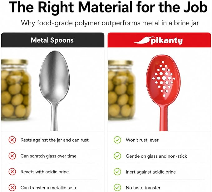 Olive and Pickle Spoon Set of 4, 7-Inch Small Slotted Serving Utensils for Jars, Red and Black, Perfect for Olives, Pickles, Capers, Pepperoncini, Cherries, Dishwasher Safe, Made in USA by Pikanty