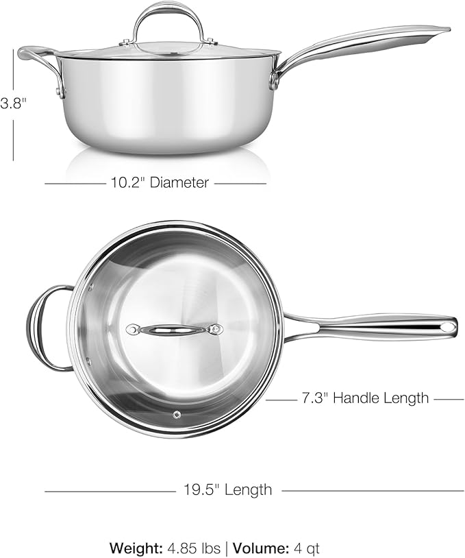 KEAWELL K3 Premium 4-Quart Tri-Ply Fully Clad Stainless Steel Sauté Pan with Lid, Induction & Oven Safe up to 600°F, Even Heating, Professional Cookware for All Stovetops (4-Qt)