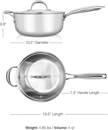 KEAWELL K3 Premium 4-Quart Tri-Ply Fully Clad Stainless Steel Sauté Pan with Lid, Induction & Oven Safe up to 600°F, Even Heating, Professional Cookware for All Stovetops (4-Qt)