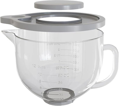 Glass Mixing Bowl 5QT Compatible with KitchenAid 4.5 & 5-Quart Tilt-Head Stand Mixers – Includes Spout Cover, Measurement Markings & Lid – (Dishwasher, Microwave & Freezer Safe)