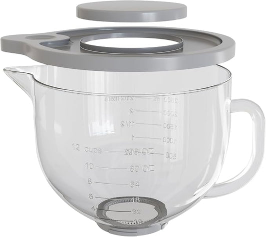 Glass Mixing Bowl 5QT Compatible with KitchenAid 4.5 & 5-Quart Tilt-Head Stand Mixers – Includes Spout Cover, Measurement Markings & Lid – (Dishwasher, Microwave & Freezer Safe)