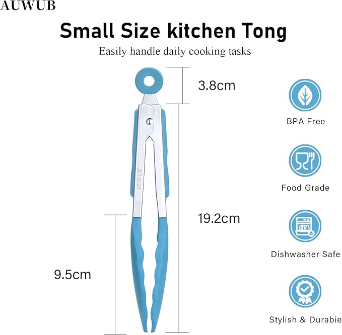 7 Inch Small Silicone Salad Cooking Tongs, Food Serving Tongs with Heat Resistant Non-Slip Grip, Blue Color Kitchen Utensils for Salad Charcuterie Board