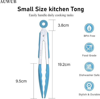7 Inch Small Silicone Salad Cooking Tongs, Food Serving Tongs with Heat Resistant Non-Slip Grip, Blue Color Kitchen Utensils for Salad Charcuterie Board