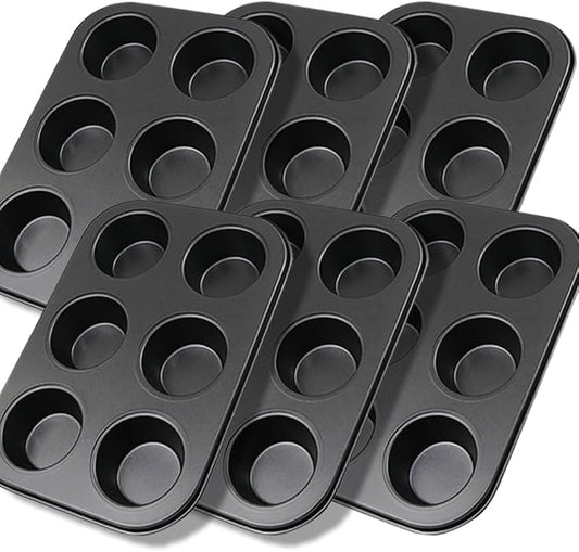 6 Packs Premium Steel Muffin Pan for Baking, Round Muffin Baking Pan, Baking Tray for Muffins, Cupcakes, Brownie(Black
