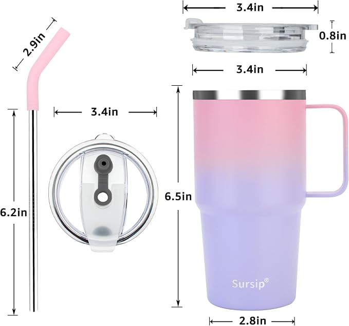 Sursip Insulated Coffee Mug with Handle and Lid, 24 oz Double Wall Vacuum Travel Thermal Coffee Tumbler with Straw for Home, Office & Outdoor Stainless Steel Coffee Cup - Leak proof, BPA Free (2 Pack)