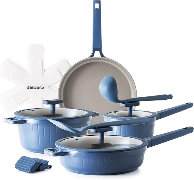 SENSARTE 14 Pcs Pots and Pans Set Nonstick, Non toxic Ceramic Cookware Set with Nanoscale Dense Coating, High Heat Resistant Induction Cookware, Healthy Kitchen Cooking Set, PFOA/PFAS/PTFE Free