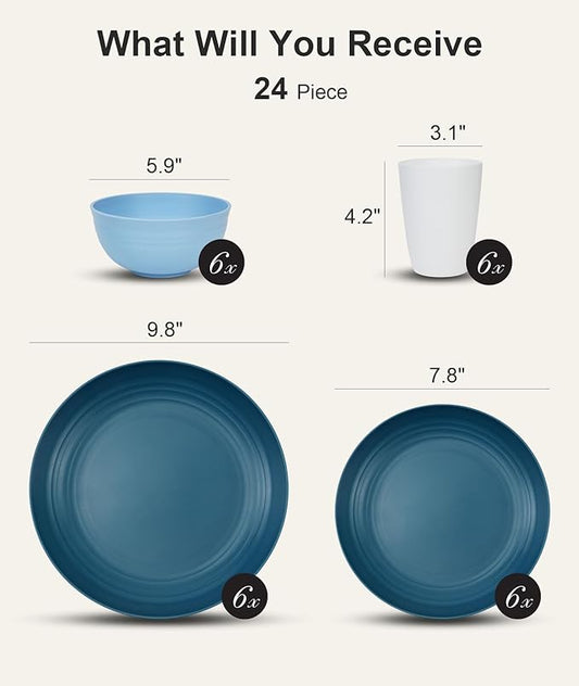 Quatish 24 Piece Plates and Bowls Sets for 6, Unbreakable Dinnerware Sets, Dish Set for Camping, Dishwasher Microwave Safe, Outdoor Kitchen and Apartment Dinning RV Essentials, Blue