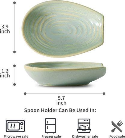 HASENSE Ceramic Spoon Rest for Stove Top, Heat-Resistant Spoon Holder for Kitchen Counter, Sage Green Swirl Utensil Rest for Spatula, Ladle, Whisk & Cutlery, Dishwasher & Microwave Safe