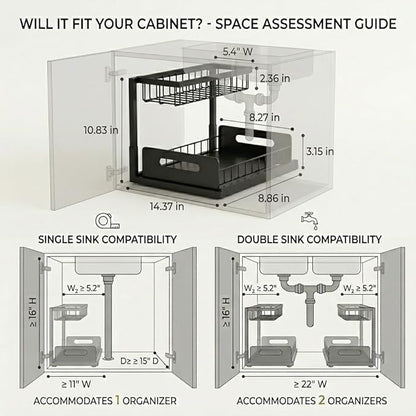 Under Sink Organizer 2 Tier, Pull Out Drawer Slides Under Sink Storage for Bathroom Kitchen,Multi-Purpose Drawer Under Cabinet Organizer for Cleaning Supplies (Black, 1 Pack)