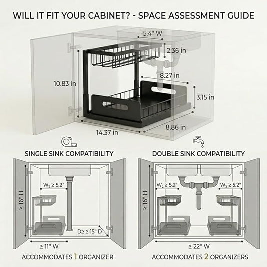 Under Sink Organizer 2 Tier, Pull Out Drawer Slides Under Sink Storage for Bathroom Kitchen,Multi-Purpose Drawer Under Cabinet Organizer for Cleaning Supplies (Black, 1 Pack)
