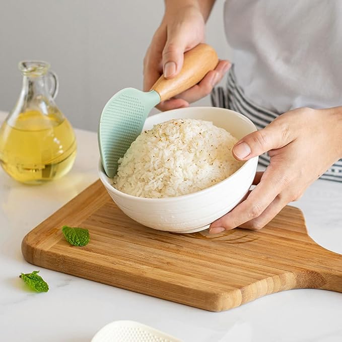 MAGICLULU Standing Silicone Rice Paddle, Non-stick Rice Spoon with Wooden Handle, Easy to Clean, Heat Resistant Upright Spatula Utensil for Sushi Chef Family Kitchen Serving Cooking Accessory, Green