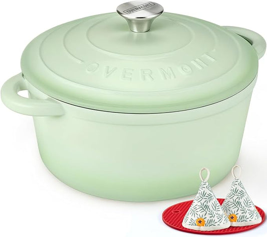 Overmont Enameled Cast Iron Dutch Oven - 5.5QT Pot with Lid Cookbook & Cotton Potholders - Heavy-Duty Cookware for Braising, Stews, Roasting, Sourdough Baking Verdant