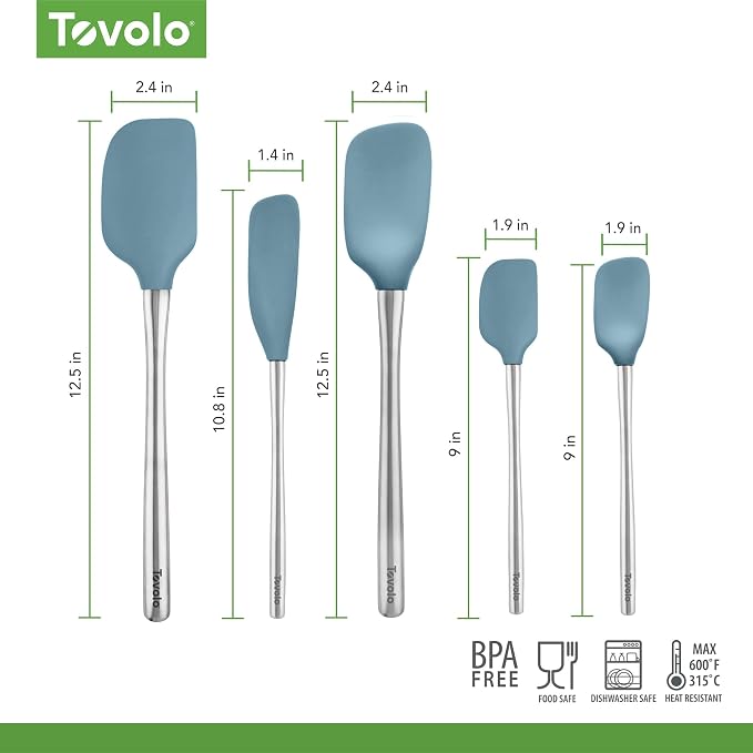 Tovolo Stainless Steel Handled Silicone Spatula Set of 5, Dishwasher Safe Kitchen Spatula Set for Cooking Baking, BPA Free Silicone Spatula set with Metal Steel Handle, Blue Slate