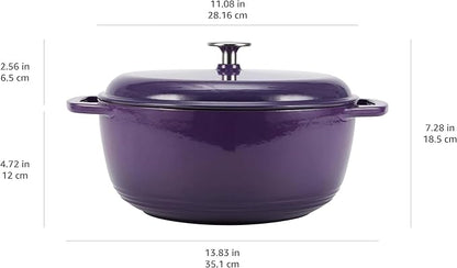 Amazon Basics Enameled Cast Iron Dutch Oven Pot with Lid, Round, Dual Handles, Heavy-Duty, Oven Safe for Stews, Roasting, Baking, 6-Quart, Purple