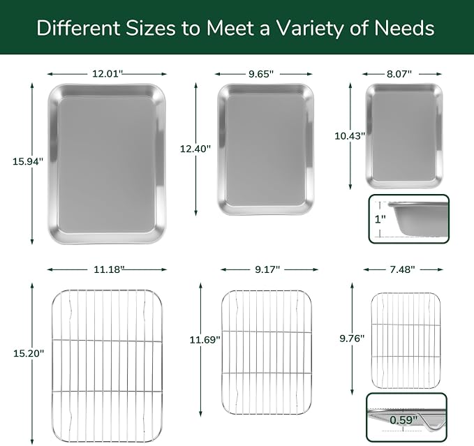 18/0 Stainless Steel Baking Sheet with Cooling Rack, Oven-Safe Non-Toxic Cookie Sheets for Baking, Set of 6, Coating Free & Rust Resistant for Healthy Family Baking, Easy to Clean, Heavy-Duty