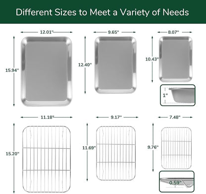 18/0 Stainless Steel Baking Sheet with Cooling Rack, Oven-Safe Non-Toxic Cookie Sheets for Baking, Set of 6, Coating Free & Rust Resistant for Healthy Family Baking, Easy to Clean, Heavy-Duty