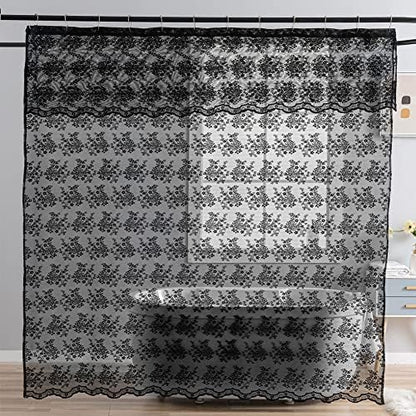 YJ YANJUN Black Lace Shower Curtain for Bathroom 72x72, Gothic Style with Attached Valance