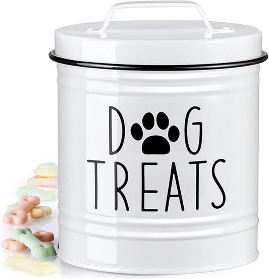 Large Dog Treat Container Airtight - 6.6" Tall X 6" Round White Dog Treat Jar for Kitchen Counter - Rustic Treat Storage Canister for Dogs, Cats, Small Animals - Gifts for Pet Owners