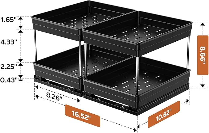 Mystozer Pull Out Spice Rack Organizer for Cabinet, Slide Out Spice Racks Organizer, Easy to Install Spice Cabinet Organizers, 8.26''Wx10.62''Dx8.66''H, 2 Packs-2 Tiers (Black)