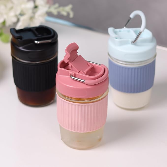 Sivaphe Reusable Glass Coffee Cup 12 oz, Portable Travel Mug with Spill-Proof Lid and Protect Sleeve for Home Office Pink