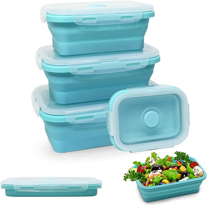 Alimat PluS 4 Assorted Size Set Silicone Food Storage Containers with Lids, 40.5oz, 27oz, 16.9oz and 11.8oz Collapsible Meal Prep Lunch Containers, Microwave, Freezer and Dishwasher Safe