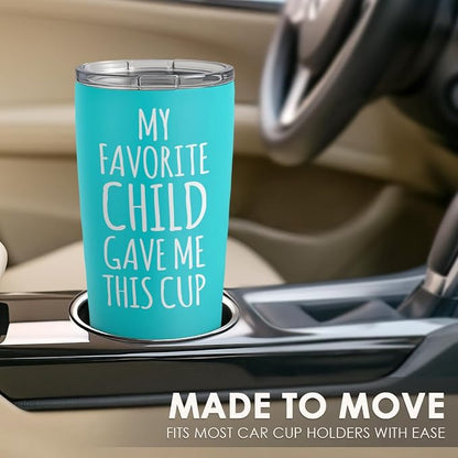SANDJEST Mom Tumbler Gift for Mom from Son, Daughter - My Favorite Child Gave Me This Cup 20oz Insulated Travel Mug - Awesome Mother's Day, Birthday, Christmas Tumblers Gifts Idea for Moms