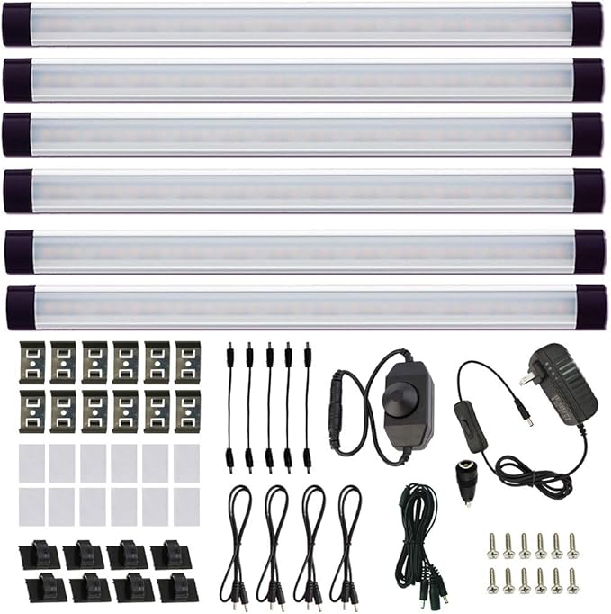 AIBOO LED Under Counter Light Rigid Bar Kit, Plug in Corded 12V LED Under Cabinet Lighting Dimmable with Switch for Counter Shelf Showcase Display Lighting (6 Panels,Daylight White)