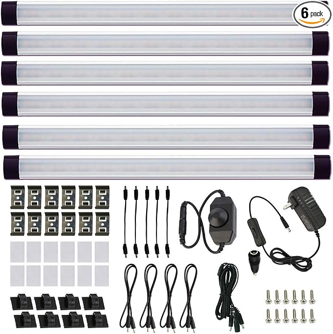 AIBOO LED Under Counter Light Rigid Bar Kit, Plug in Corded Under Cabinet Lighting with 12V LED Dimmable Switch for Counter Shelf Showcase Display Lighting (6 Panels,Warm White)