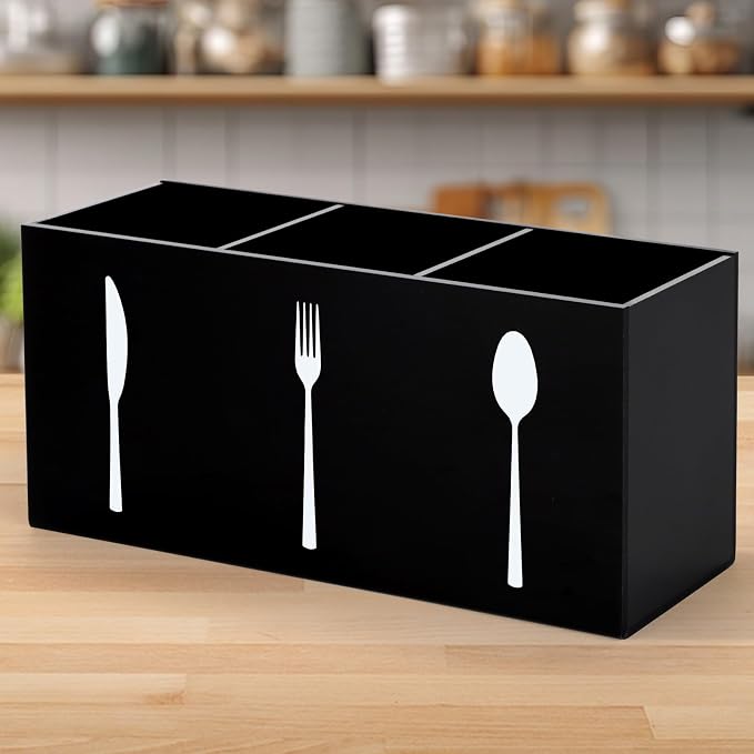 Hxezoc Black Acrylic Cutlery Storage Organizer, Plastic Silverware Caddy 3 Section Tableware Holder for Kitchen Indoor Outdoor Decoration Supplies