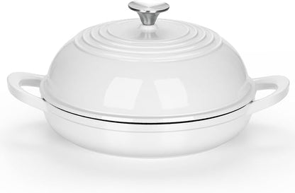 E-far Dutch Oven for Sourdough Bread Baking, 6 Qt Round Enameled Cast Iron Dutch Oven for Homemade Artisan Bread, Dome Lid & Shallow Base, Matte Black Interior & Durable, Oven-Safe to 500℉, White