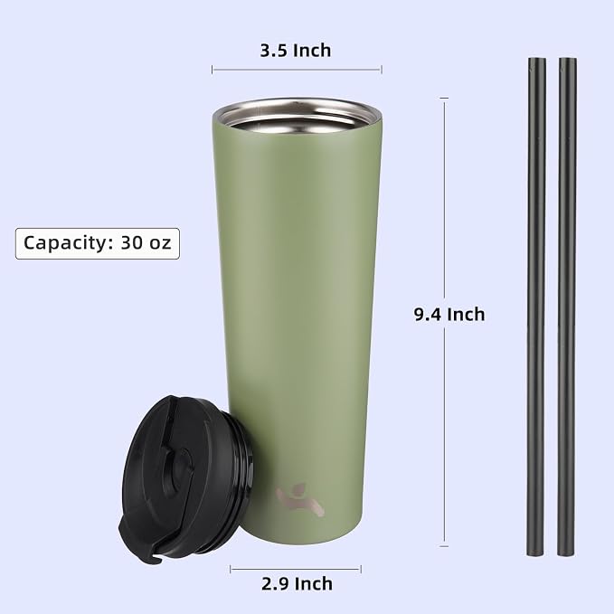 Konokyo 30 OZ Insulated Tumbler with Lid and 2 Straws Stainless Steel Water Bottle Vacuum Travel Mug Coffee Cup,ArmyGreen