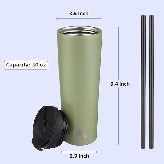 Konokyo 30 OZ Insulated Tumbler with Lid and 2 Straws Stainless Steel Water Bottle Vacuum Travel Mug Coffee Cup,ArmyGreen