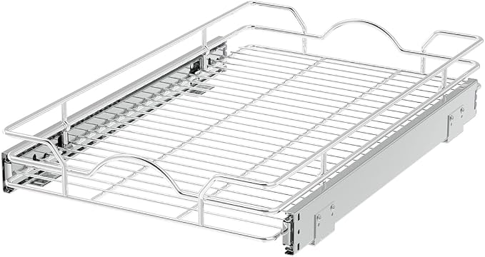 OCG Pull Out Cabinet Organizer 2 Pack (15" W x 21" D), Pull out Shelves 1 Tier, Cabinet Slide Out Shelves for Base Cabinet Organization in Kitchen Bathroom Pantry, Bottom Mount, Chrome Finish