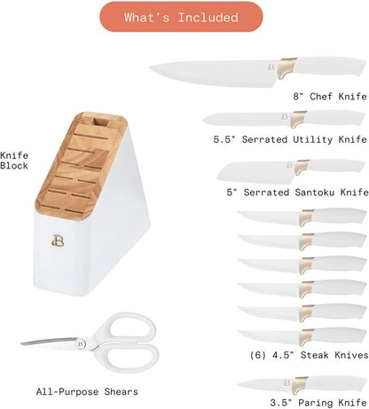 12 Piece Knife Block Set, Soft-Grip Ergonomic Handles, Stick Resistant, Razor Sharp, Comfortable, Easy Care, BPA-Free, White & Gold