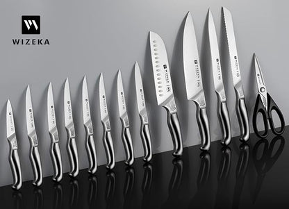 WIZEKA Kitchen Knife Set with Block: 15PCS German Stainless Steel Knife Block Set,One-Piece Design Knives Set for Kitchen, Professional Knife Set with Built-in Sharpener,Starry Sky Series Fathers day