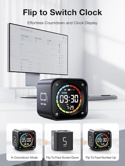 TK3 Pomodoro Timer Cube, Desk Productivity Timer with 5/10/30/60 Min Presets, Custom Countdown, Stopwatch, Clock, 3 Alarm, Silent, Vibrate & Sound Mode, for Task, ADHD, Study, Kitchen,Obsidian Black