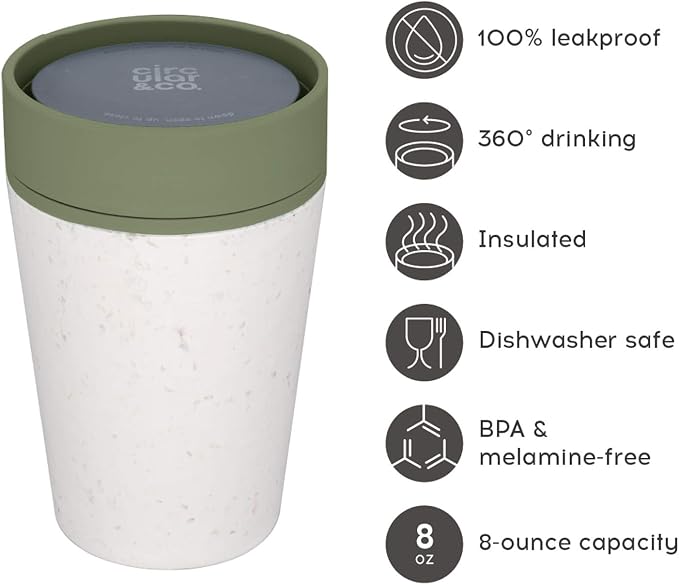Circular and Co Reusable Coffee Cup 8oz/227ml - The World's First Travel Mug Made from Recycled Coffee Cups, 100% Leak-Proof, Sustainable & Insulated. (Cream & Honest Green)